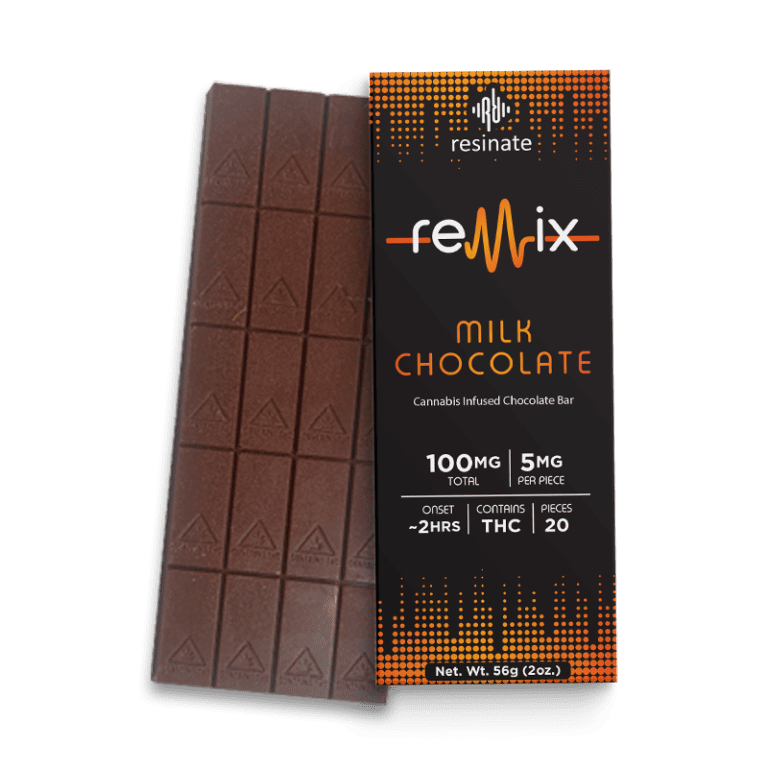 A milk chocolate bar with a black and orange package labeled 'remix' by resinate, infused with cannabis. The package indicates a total of 100mg THC, 5mg per piece, with 20 pieces inside and an onset time of approximately 2 hours.