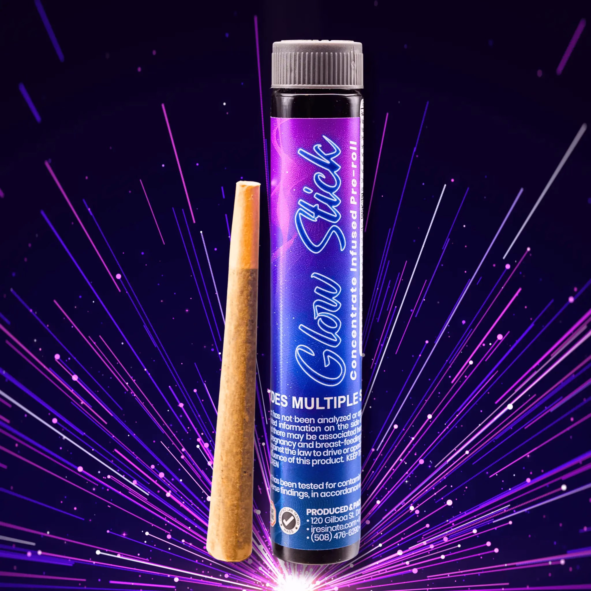 A pre-rolled cone next to a cylindrical container labeled "Glow Stick Concentrate Infused Pre-roll" with a vibrant purple and blue design against a dark background featuring radiant light streaks.