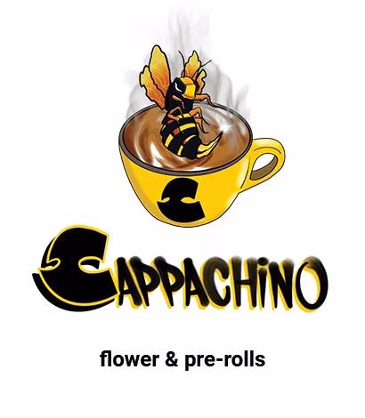 Cappachino logo featuring a bee emerging from a steaming coffee cup with bold stylized text and the phrase "flower & pre-rolls" underneath