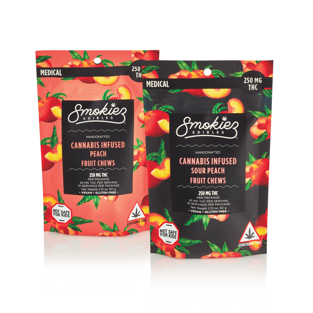 Smokiez Edibles Peach and Sour Peach fruit chews in vibrant orange and black packaging with peach illustrations