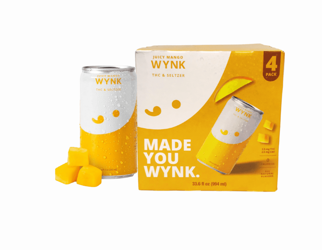A four-pack of WYNK Juicy Mango THC & Seltzer cans, featuring a bright yellow and white design with mango cubes next to one can, highlighting natural flavors and 2.5 mg THC and CBD content