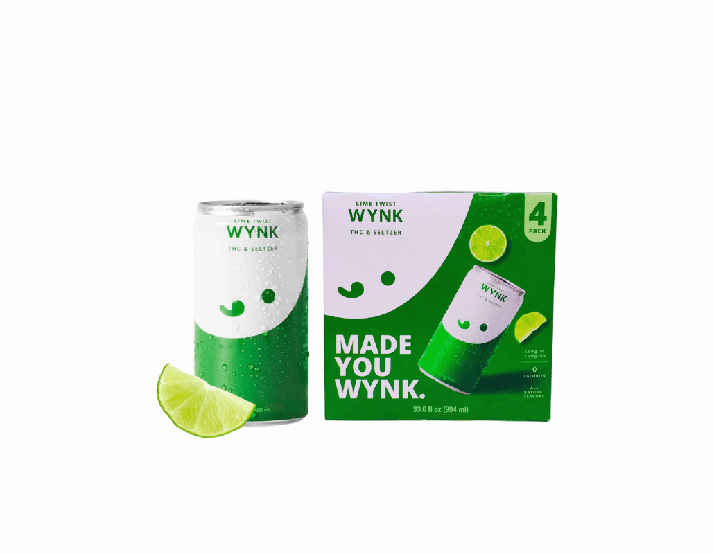 A can and a four-pack box of WYNK Lime Twist THC & Seltzer, featuring green and white packaging with lime slices displayed next to the products.